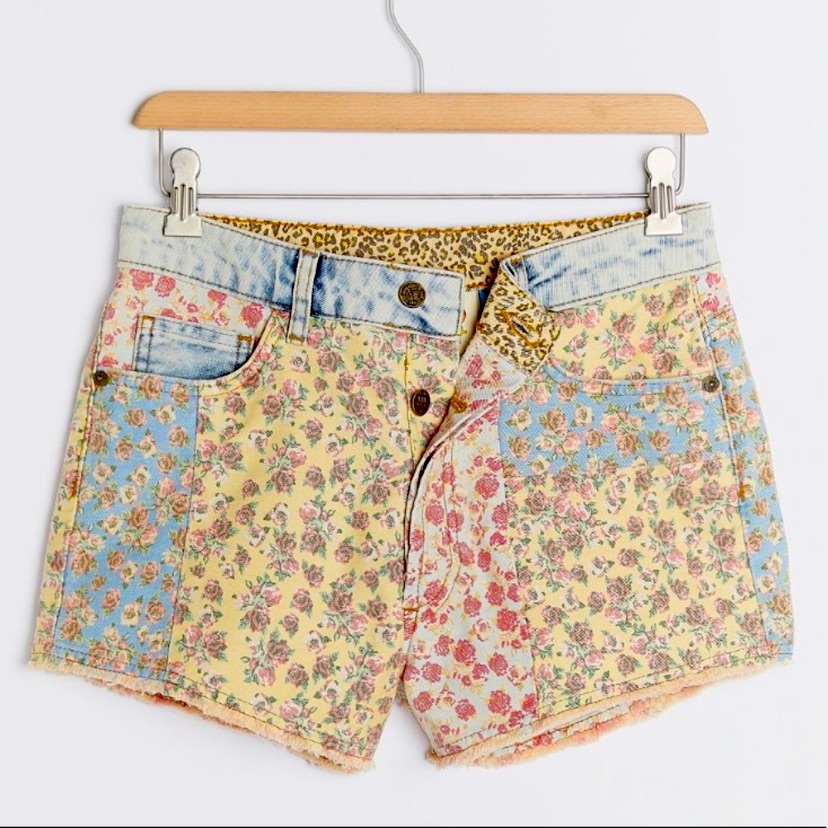 Farm Rio Floral Patchwork Denim Shorts In Yellow, Blue, Pink